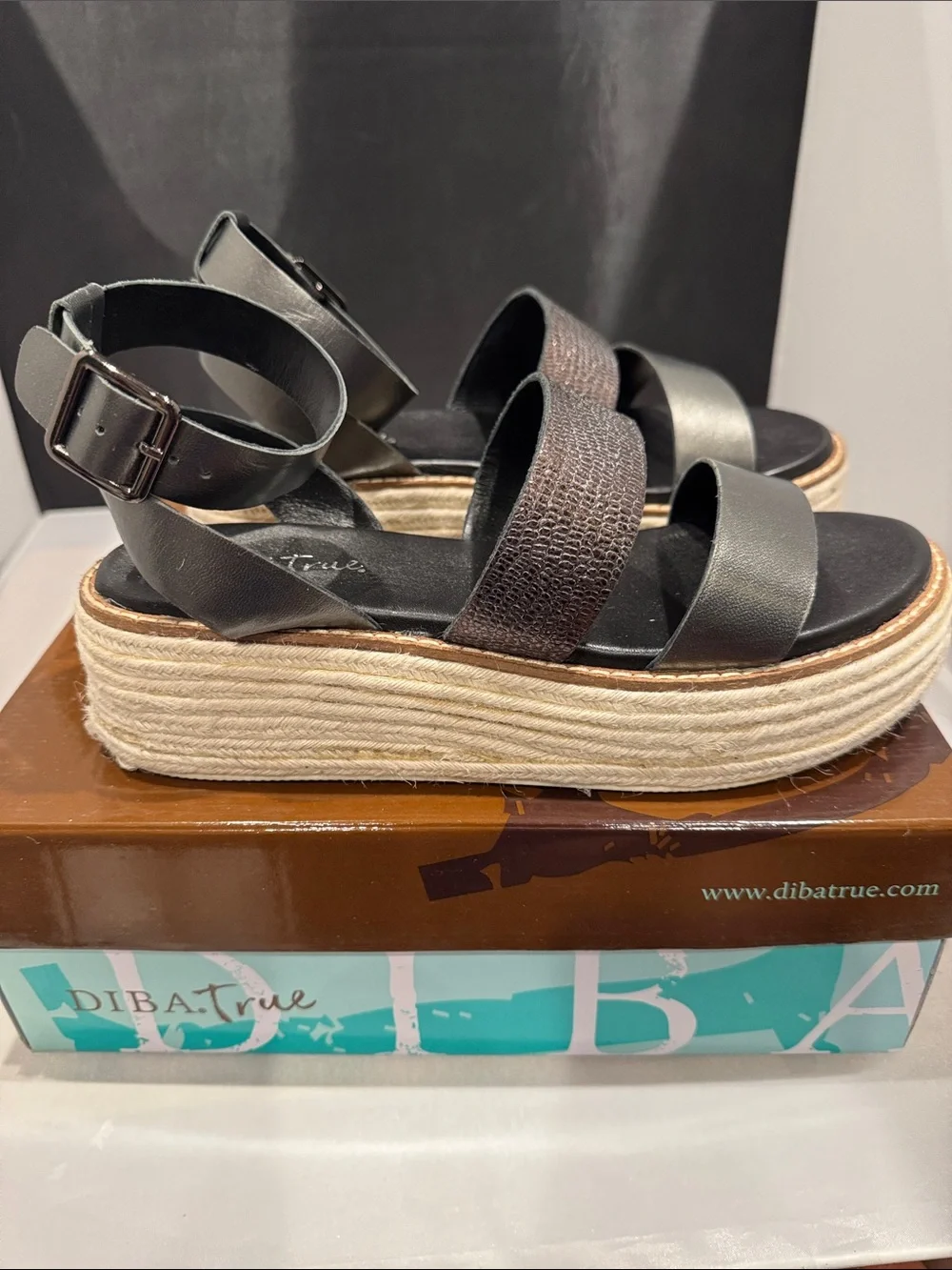 Diba True Day line Black & GNMT platform Sandal with Ankle Strap